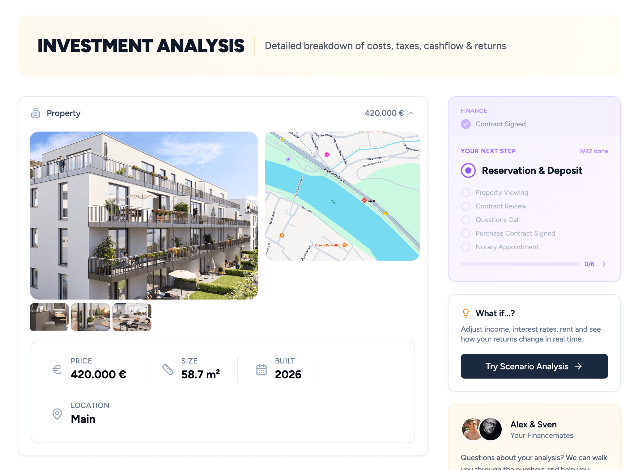 Investment analysis result page showing forward projections for a German rental property