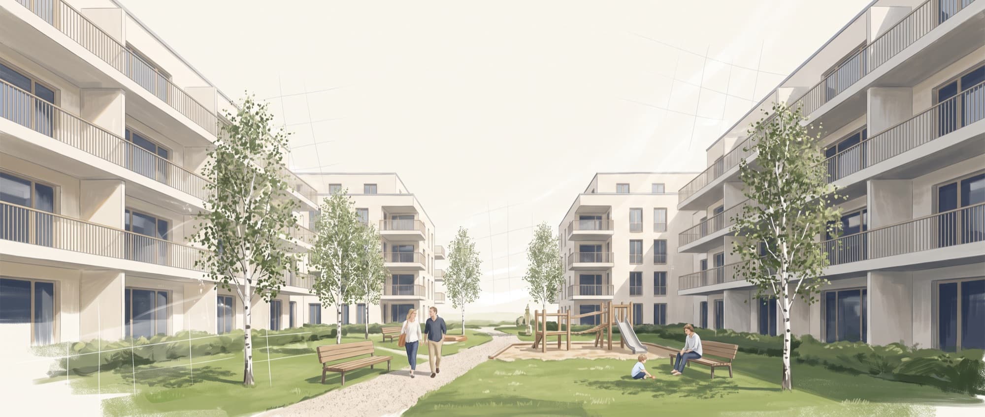 Painted courtyard of new-build apartments in Germany
