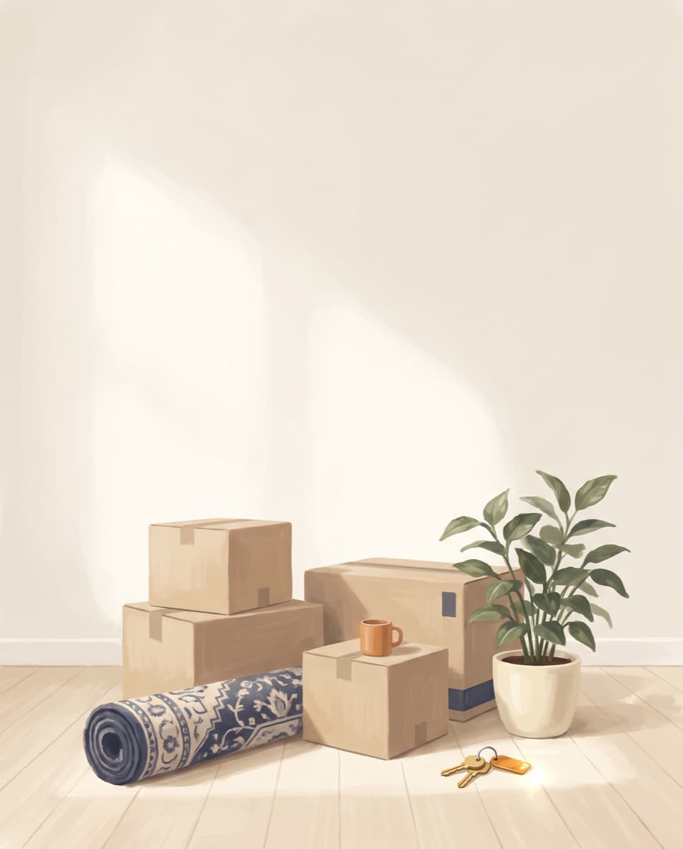 Packed boxes in a bright, half-empty room
