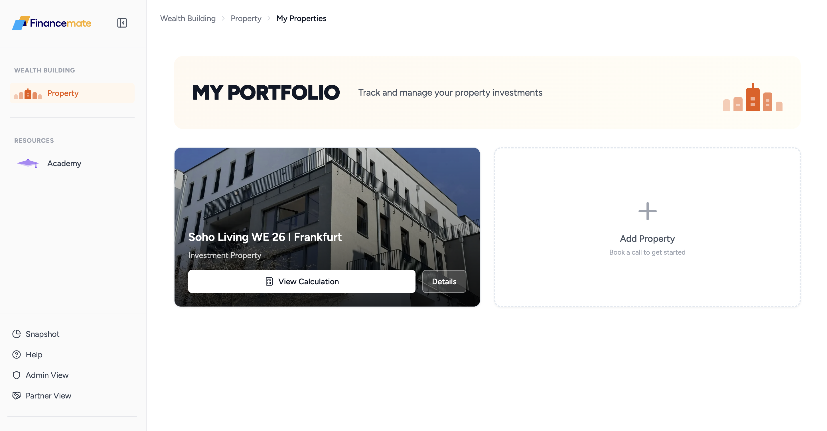 Financemate dashboard — track and manage your property investments