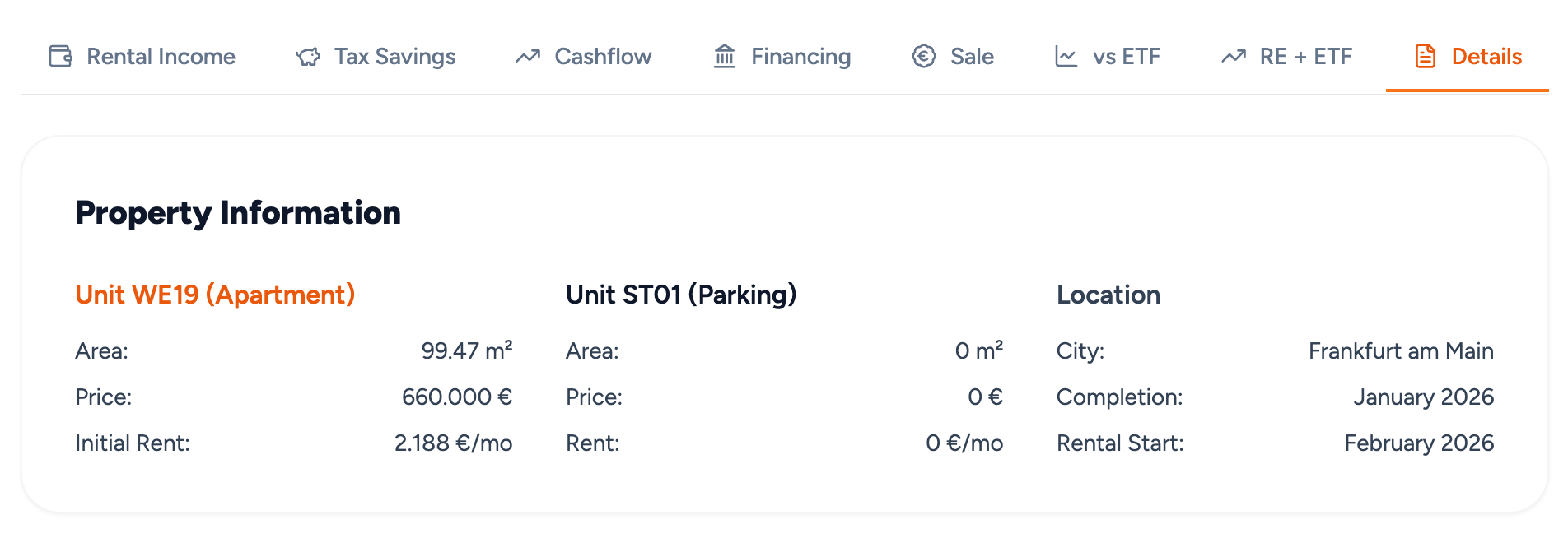Property details in the Financemate app