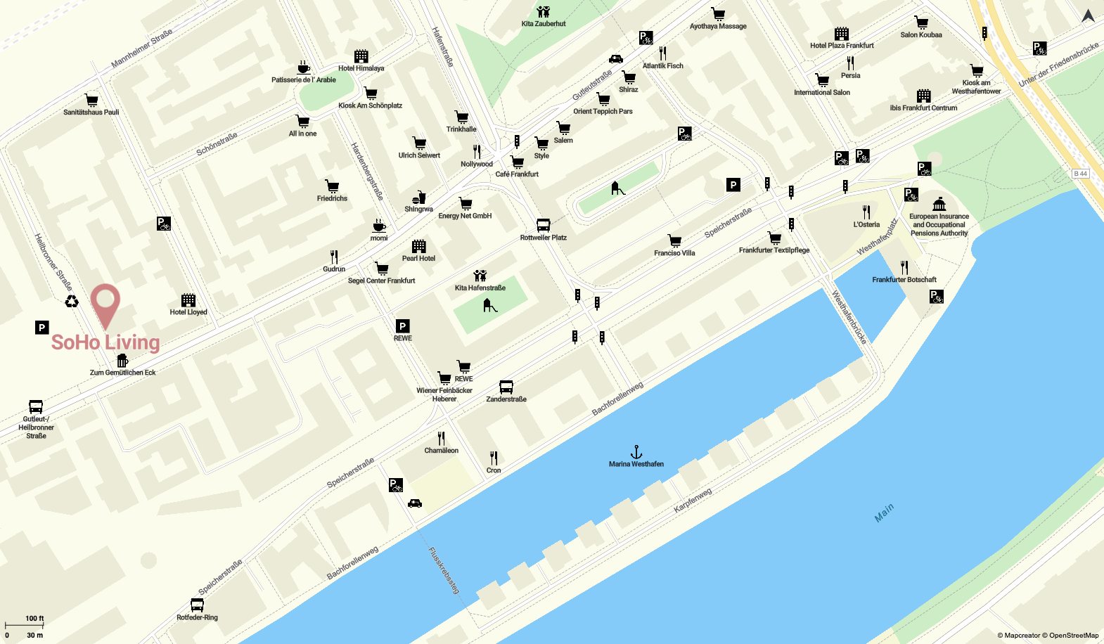 Map of the Gutleutviertel showing SoHo Living on Heilbronner Straße, with the Westhafen marina and the river Main to the south east